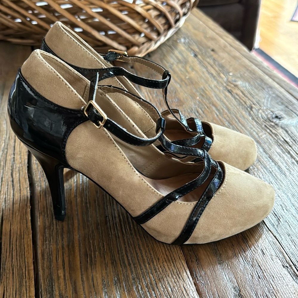 Tan and black heels